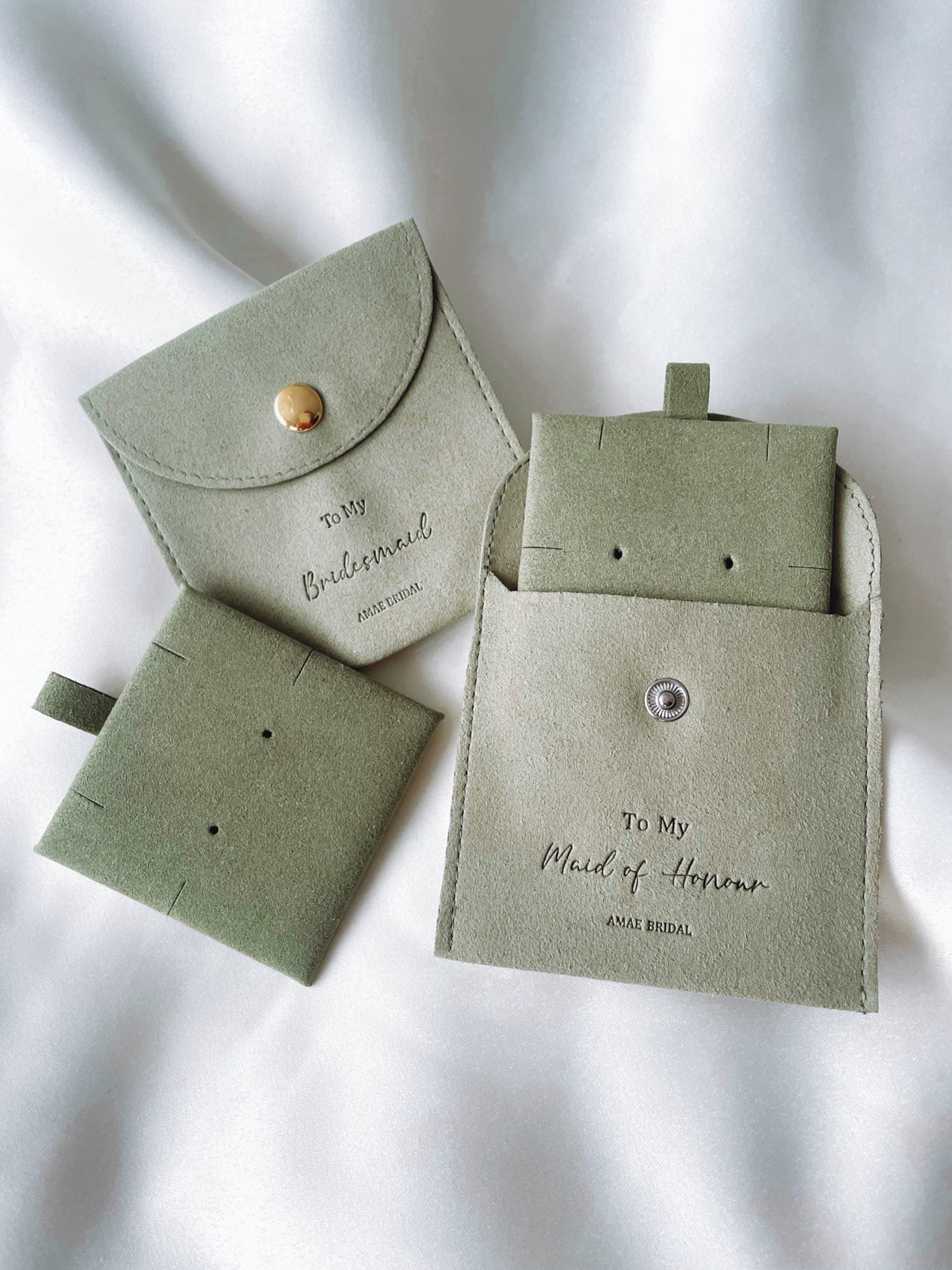 Green Personalised Bridal Party Jewellery Pouch and Back