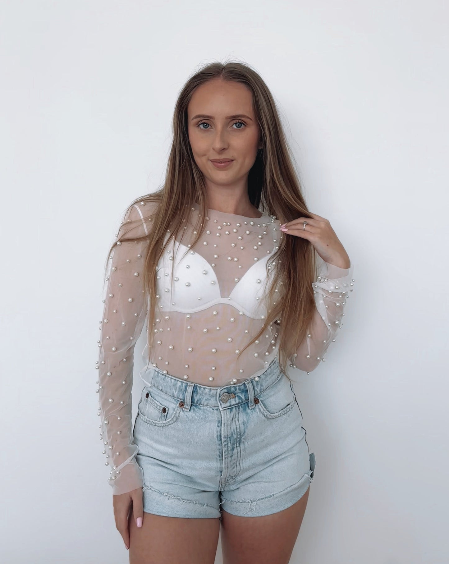 Pearl Mesh Long Sleeve Top