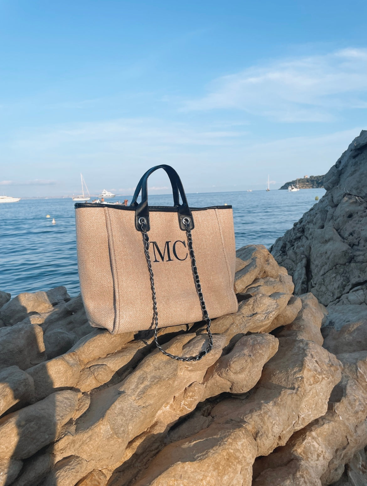 Personalised Initial Beach Bag - Cream/Black