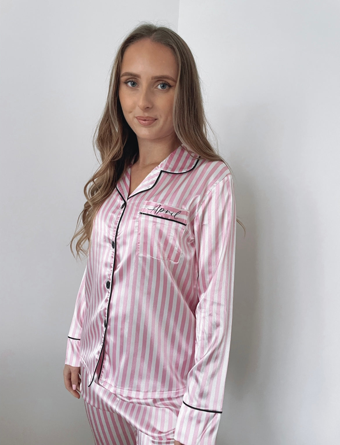 Personalised Pink & White Striped Satin Pyjamas
