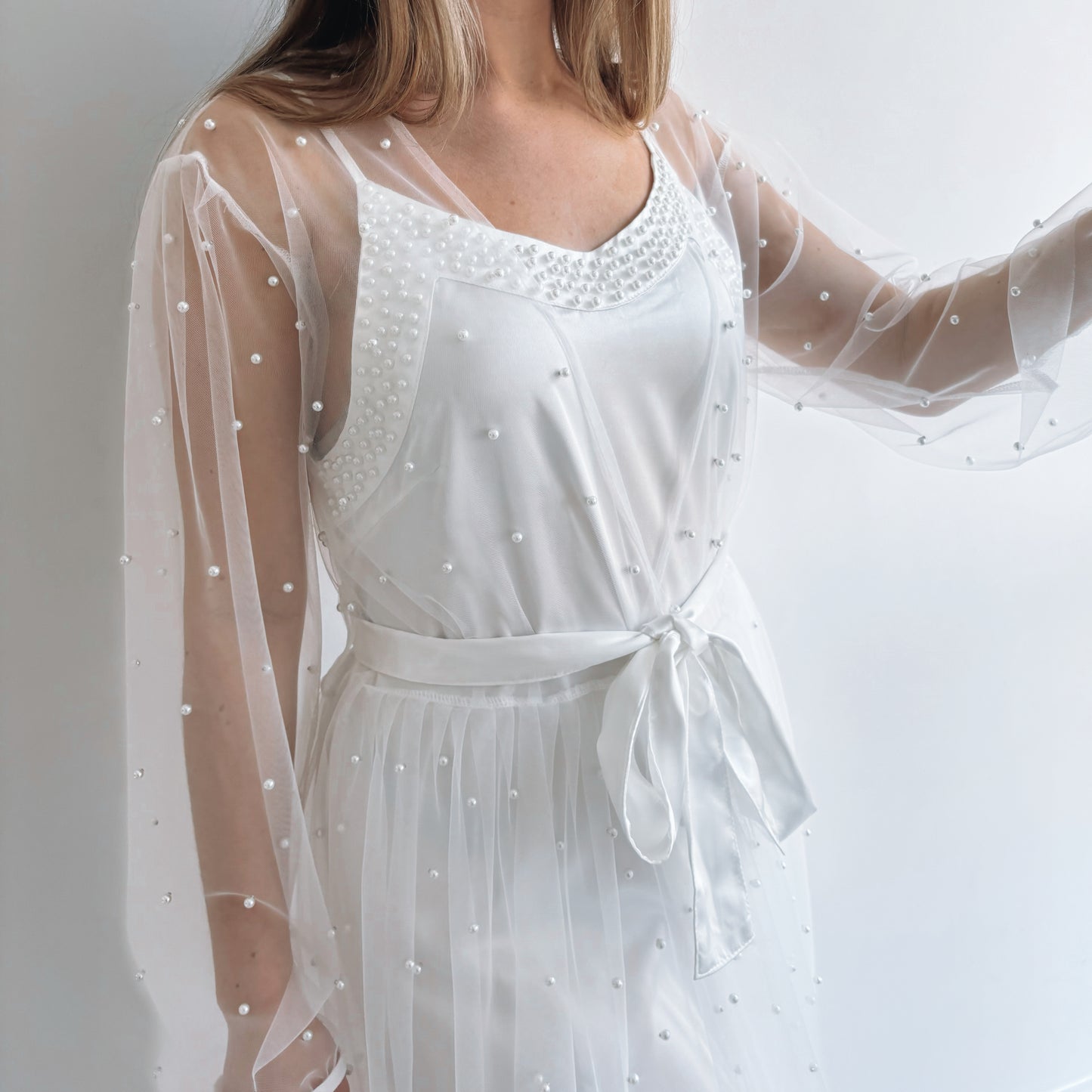 White Pearl Mesh Maxi Robe