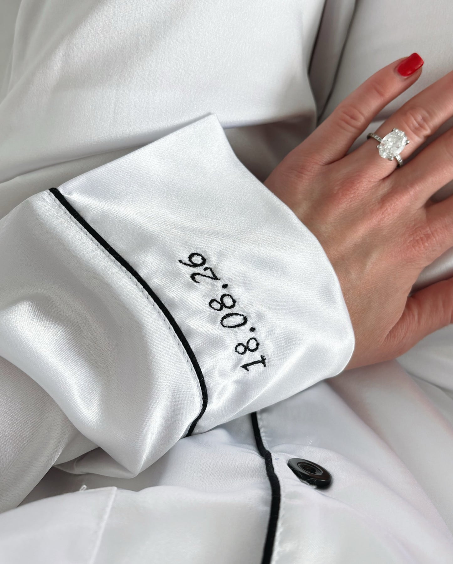 Embroidered Wedding Date White Satin Pjs