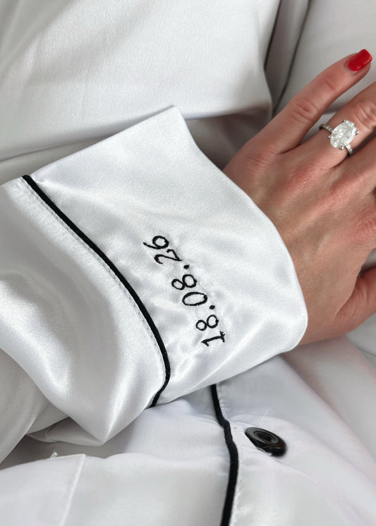 Embroidered Wedding Date White Satin Pjs