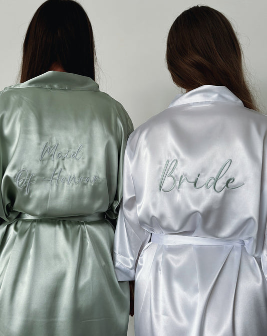 Personalised Embroidered Satin Robe - Sage