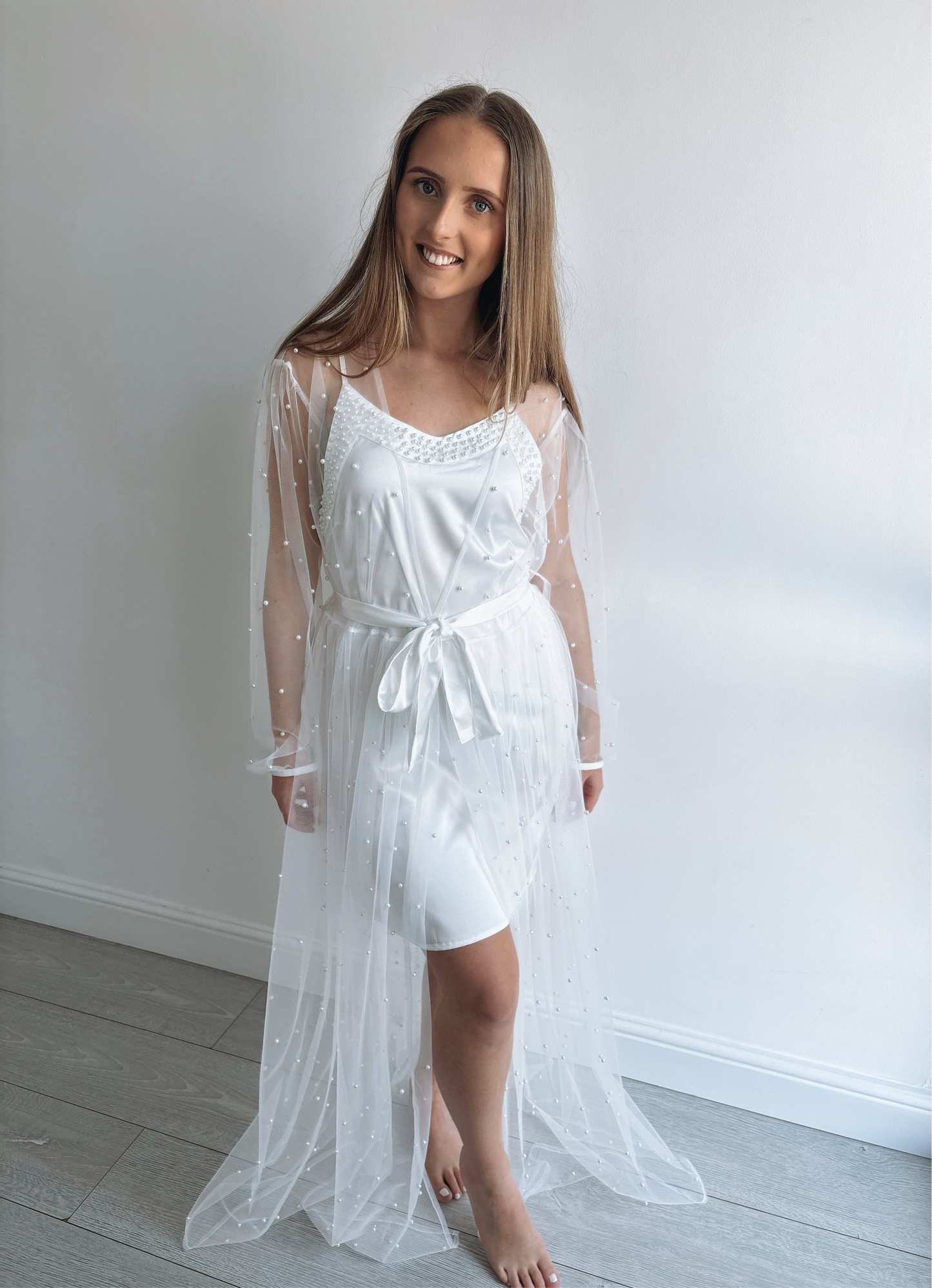 White Pearl Mesh Maxi Robe