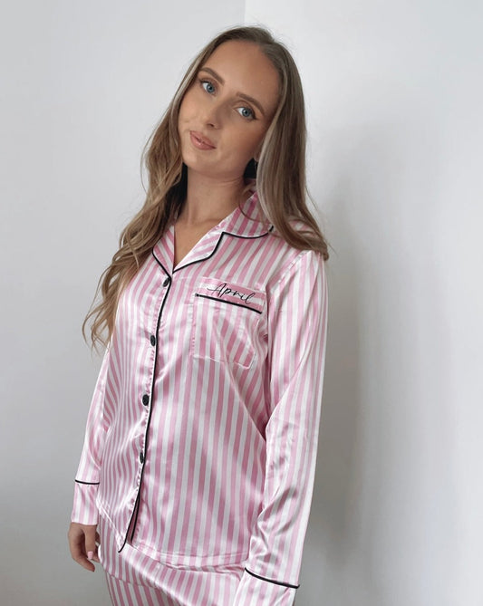 Personalised Pink & White Striped Satin Pyjamas