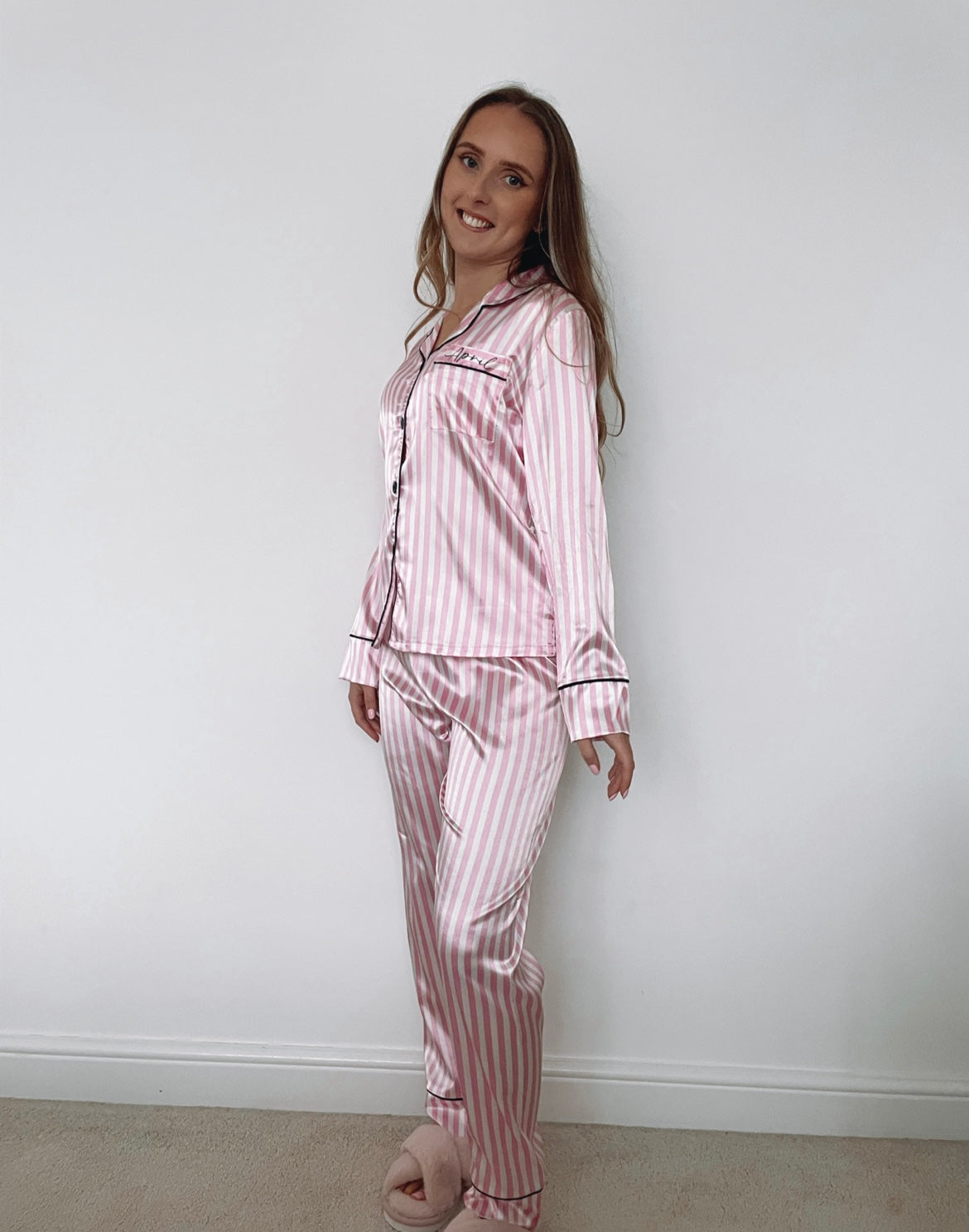 Personalised Pink White Striped Satin Pyjamas AMAE BRIDAL